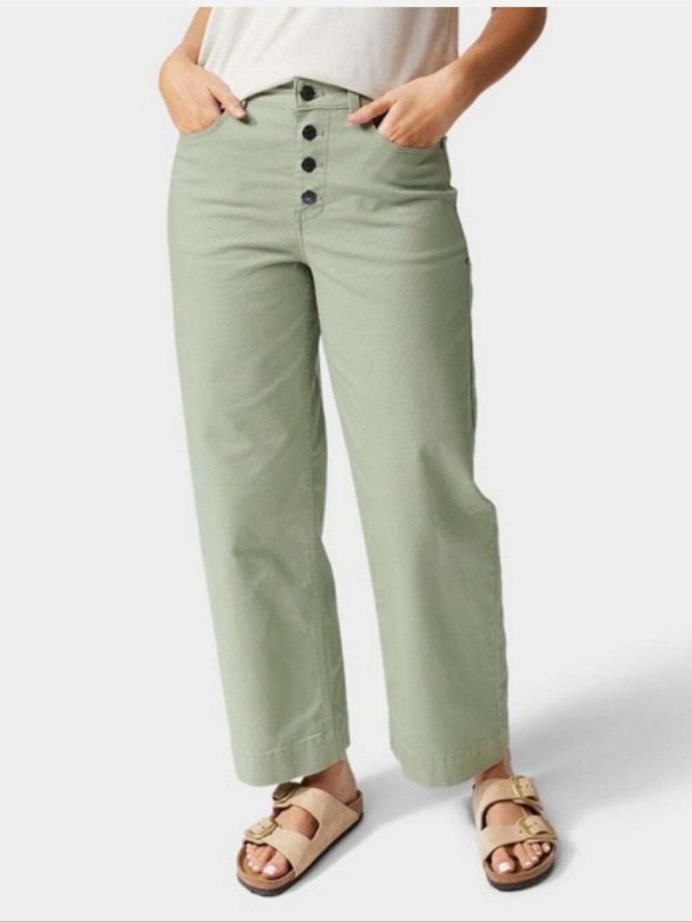 Stio Rivet Wide Leg Canvas Pants Womens 0 Green Sage High Rise Button Fly